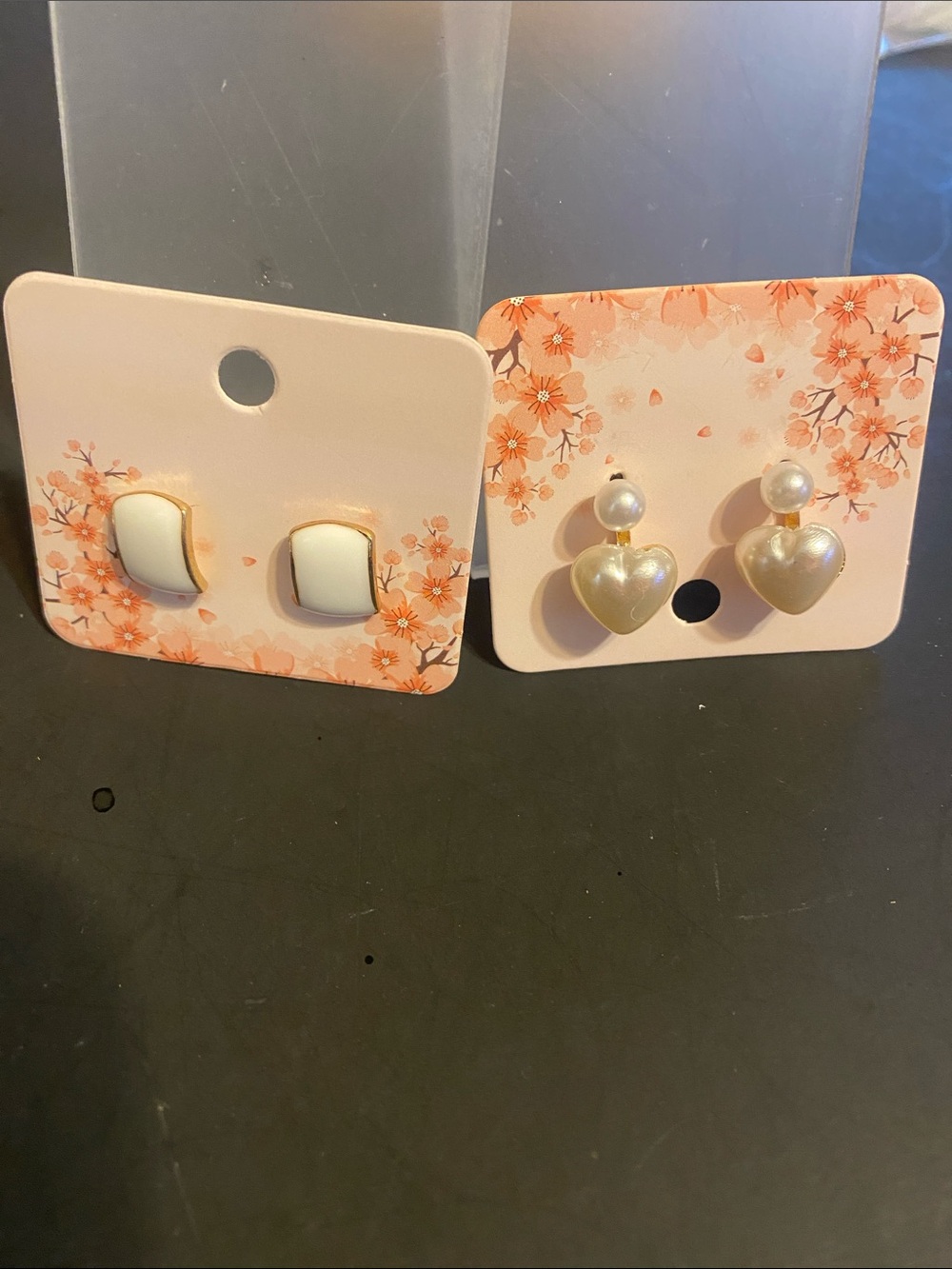 Fashion Jewelry White Pearl Heart Drop and White Square Stud Earring Set